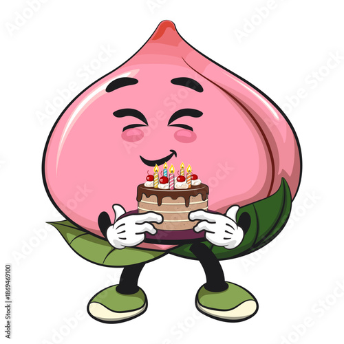 kawaii peach fruit cartoon character mascot illustration bring a birthday cake, work of hand drawn