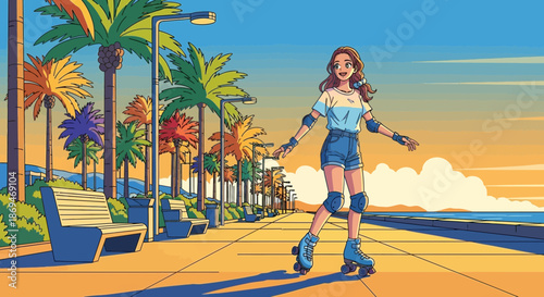 Woman Roller Skating on a Sunny Promenade.