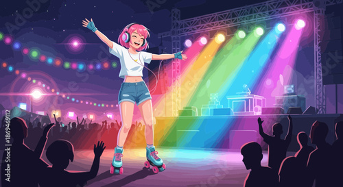 Animated Woman Roller Skating on Stage with Rainbow Lights.