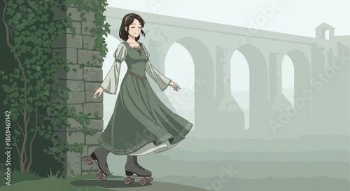 Anime girl in a medieval dress ice skating gracefully.