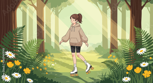 Anime Girl in Forest Serene Stroll Amidst Natures Embrace.
