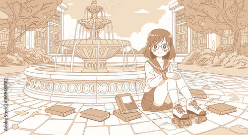 Anime Girl Lost in Thought Surrounded by Books and a Handheld Console.