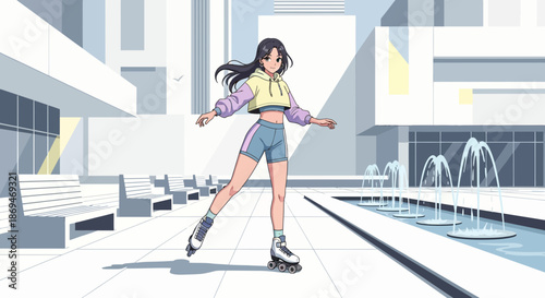 Anime Girl Roller Skating with Confidence and Style in the City.