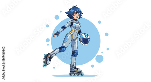 Anime Girl Roller Skating with Helmet in Futuristic Suit.