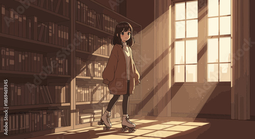Anime girl standing in a library bathed in sunlight wearing a cape.