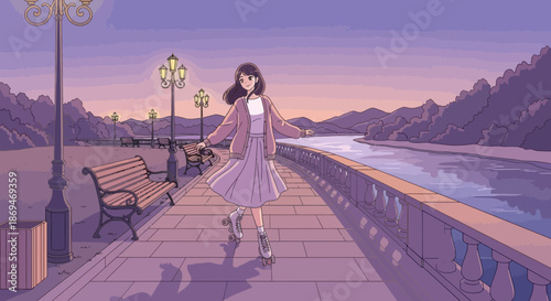 Anime Girl Strolling with Dog on a Purple Evening Promenade.
