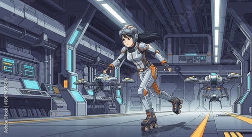 Determined Woman Roller Skating in Futuristic Industrial Setting.