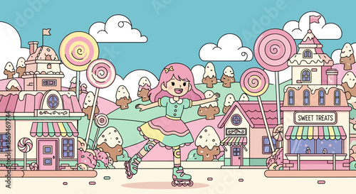 Girl on Roller Skates in a Candy Land Illustration.