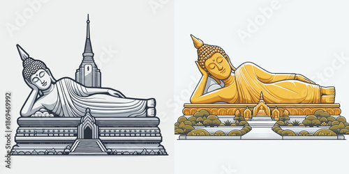 Vector set of Reclining Buddha statue in Thailand, flat vector illustration, horizontal composition