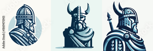 Vector set of Viking warrior statue in Norway, flat vector illustration, helmeted figure, cold tones