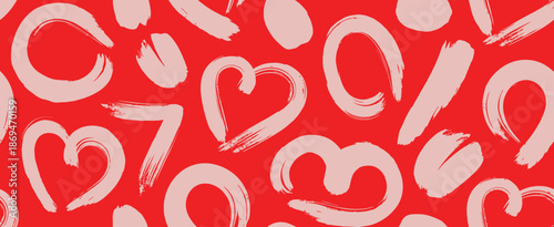 A vibrant red background displays a playful pattern of hand drawn hearts and swirling brushstrokes creating a festive mood high-quality