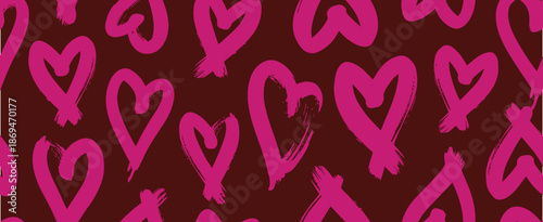 A repeating pattern of hand drawn pink hearts against a dark burgundy background creates a vibrant and romantic visual texture TRANSPARENT BACKGROUND