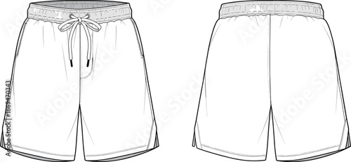 Men casual shorts technical fashion illustration with front and back views elastic drawstring waist flat apparel design isolated on white background