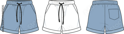 Women casual shorts technical fashion illustration set with front back views drawstring waist flat apparel design isolated on white background