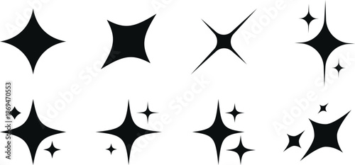 Set of black vector sparkle stars. Collection of isolated twinkling star icons and shine symbols. transparent