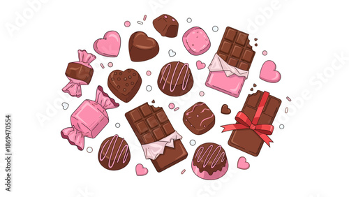 Assorted Chocolates and Gifts Arranged in a Circular Pattern with Hearts and Decorations