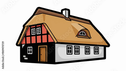 Quaint thatched roof house with timber framing and dormer window