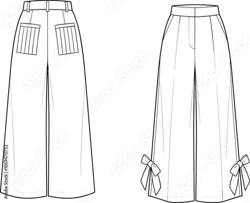 Women wide leg pants technical fashion illustration with front and back views bow detail hem flat apparel design isolated on white background