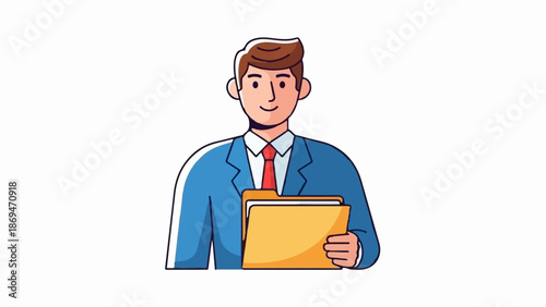 Professional man in a blue suit and red tie, holding a yellow folder