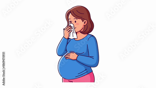 Pregnant woman with brown hair, wearing blue shirt and pink pants, holds tissue to nose with one hand and stomach with other