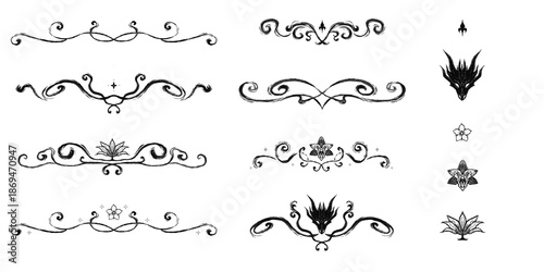 Set of fantasy paragraph spacers and fantasy illutration icons with stars, swirls and flowers for books, rpgs, fantasy