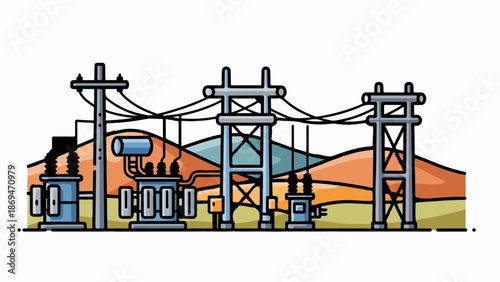 Power lines and transformers in a stylized landscape