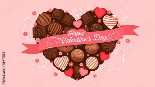 Assorted chocolates and truffles arranged in a heart shape with a ribbon banner celebrating Valentine's Day