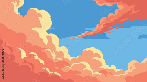 Pixelated sky filled with vibrant coral and yellow clouds under a bright blue expanse