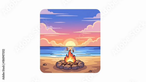 Pixel art sunset over ocean with campfire on beach