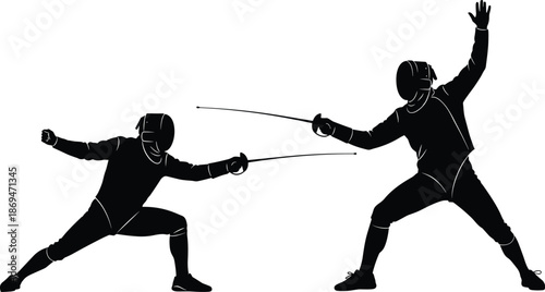 Fencing competition silhouette of two athletes in professional gear, dynamic sword fighting duel action, sports illustration isolated on white background for stock vector.