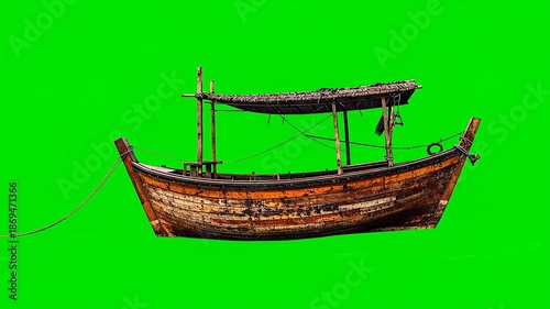 A traditional wooden fishing boat with a thatched roof bobs gently on a green screen.
