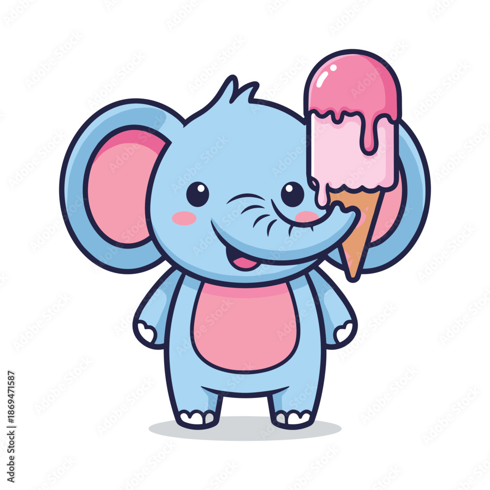 Fototapeta premium Cartoon Elephant Enjoying Pink Ice Cream Illustration