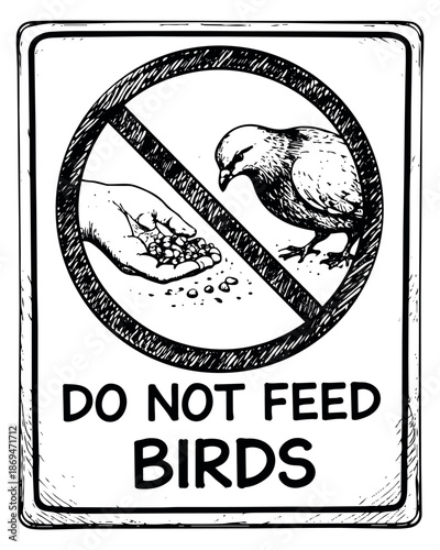 Hand drawn line art illustration of a no feed birds sign depicting a hand feeding a bird crossed out for public warning
