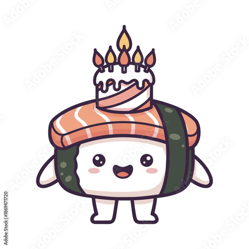 Cute Cartoon Sushi Character with Birthday Cake