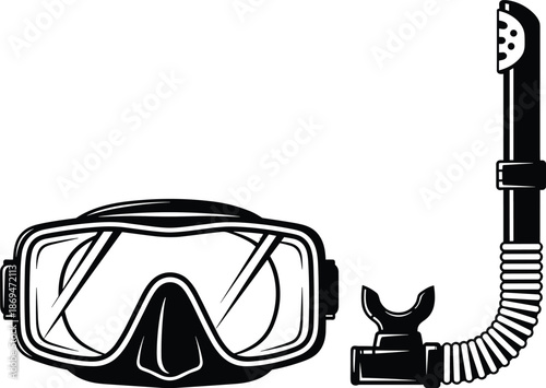 Professional scuba diving mask and snorkel tube silhouette, underwater swimming gear equipment, summer vacation water sports vector illustration isolated on white background.