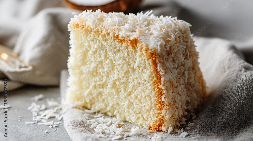 Fototapeta premium Coconut chiffon cake slice with visible crumb structure, pale gray linen background