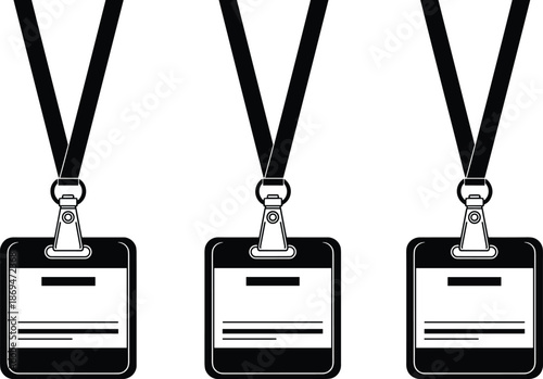 Set of three identification badge card silhouettes with lanyards, professional name tag template for corporate events, conference pass vector illustration isolated on white background.