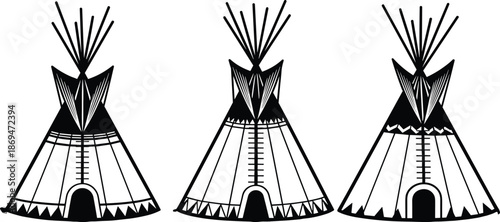 Set of three traditional Native American teepee silhouettes with tribal patterns, indigenous tent vector illustration for cultural design isolated on white background.
