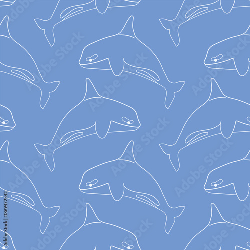 Killer whale seamless pattern in line art style. Underwater animal design for summer package on a blue background.