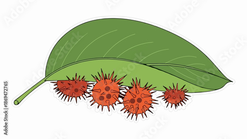 Spiky orange creatures shelter beneath a large green leaf