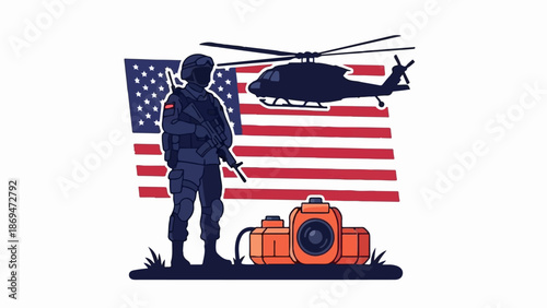 Soldier with gear and camera in front of US flag and helicopter