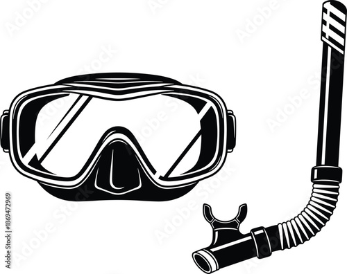 Vector illustration of professional scuba diving mask and snorkel tube set for swimming, underwater exploration, summer vacation, and ocean sports activities,