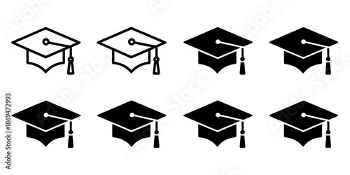 Set of graduation cap icons featuring school degree symbols, vector design with simple outline and black fill, isolated for educational illustrations, academic projects, certificates, and vector graph