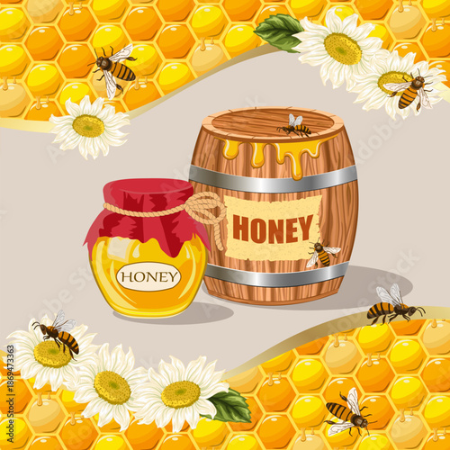 Preparing delicious honey for the winter.Barrel and jar with honey, bees and daisies on an abstract background of honeycombs in vector illustration.