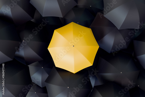 Single Yellow Umbrella Among Black