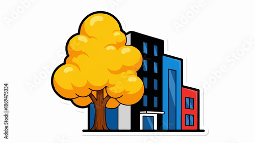 Stylized autumn tree beside modern buildings in a cartoonish style