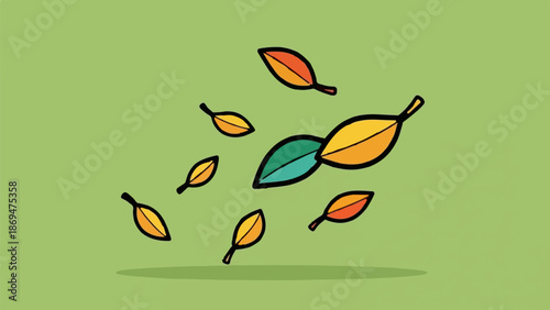 Stylized autumn leaves in warm colors, falling on a green background