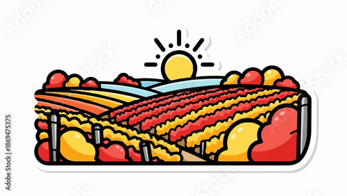 Stylized autumn landscape with sun shining over vibrant, layered fields
