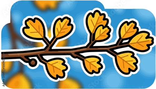 Stylized autumn branch with yellow leaves against a blue, hazy background