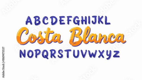 Stylized alphabet and "Costa Blanca" text in playful, bubbly font with blue outlines and orange fill